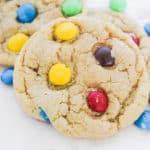 M&Ms Cookies on a white surface.