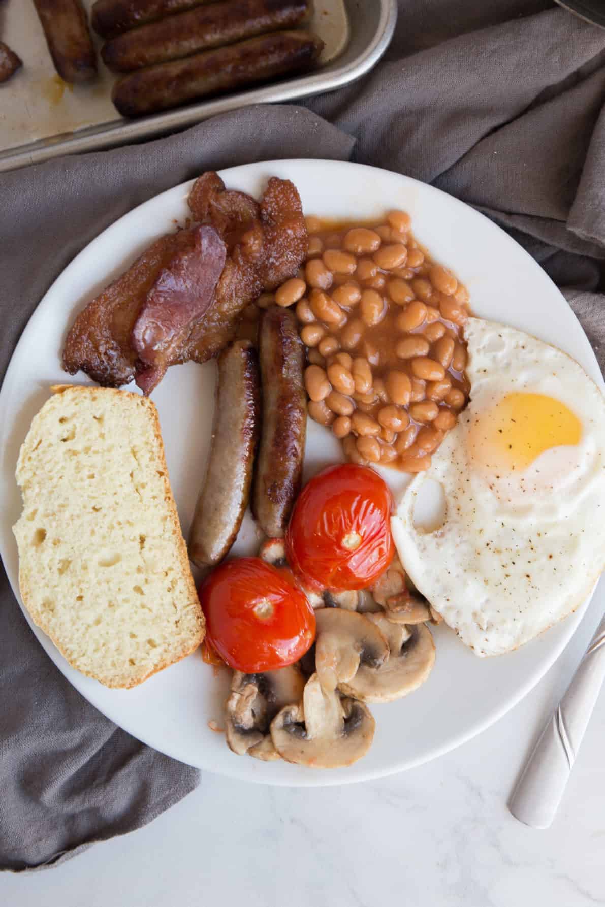 A plate with an Irish Breakfast laid out.