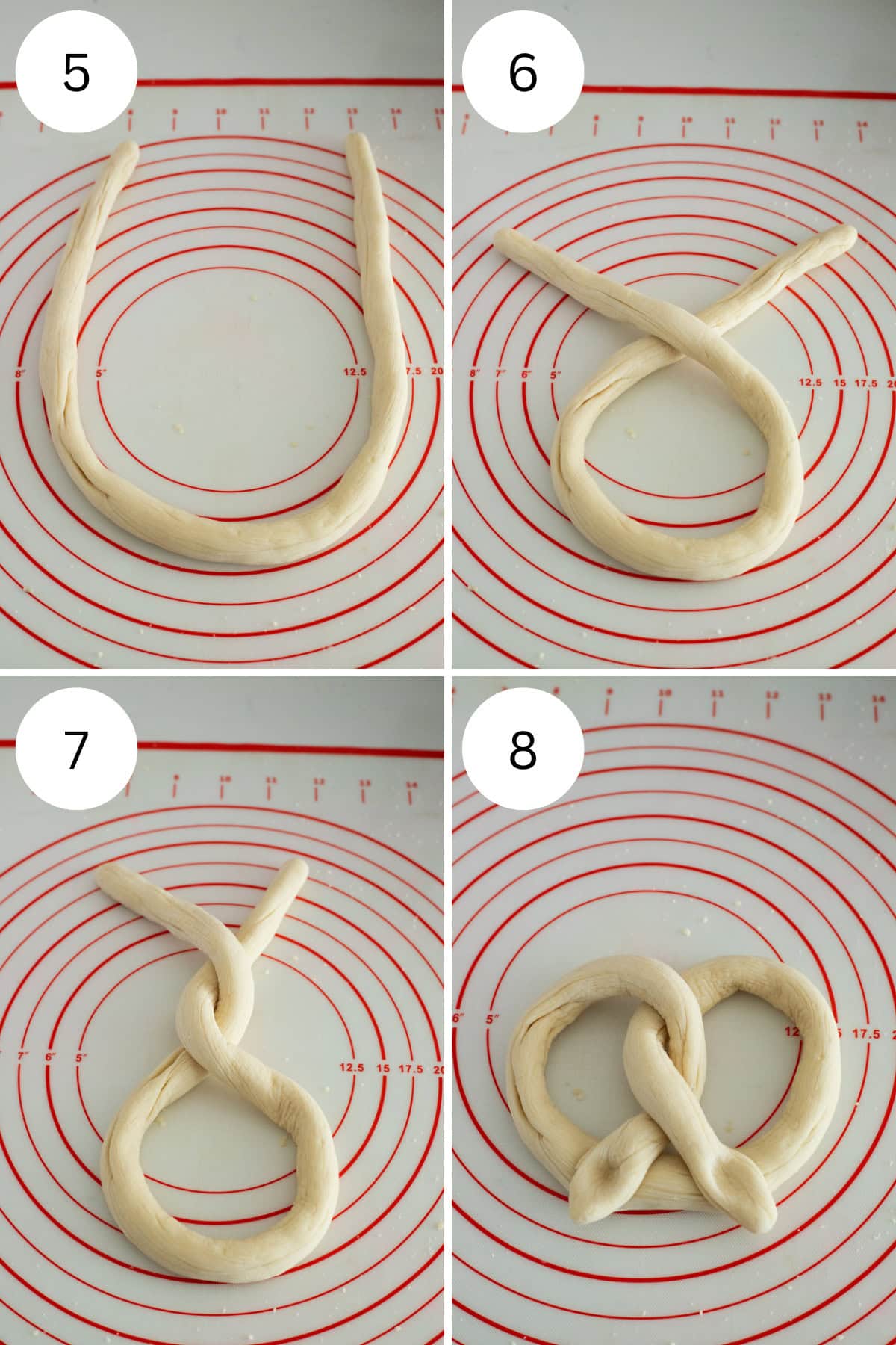 A 4 photo collage that shows pictures of the steps for making pretzels.