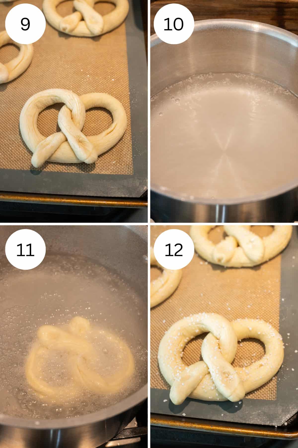 A 4 photo collage that shows pictures of the steps for making pretzels.