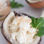 No Churn Creamy Coconut Ice Cream in a coconut shell.