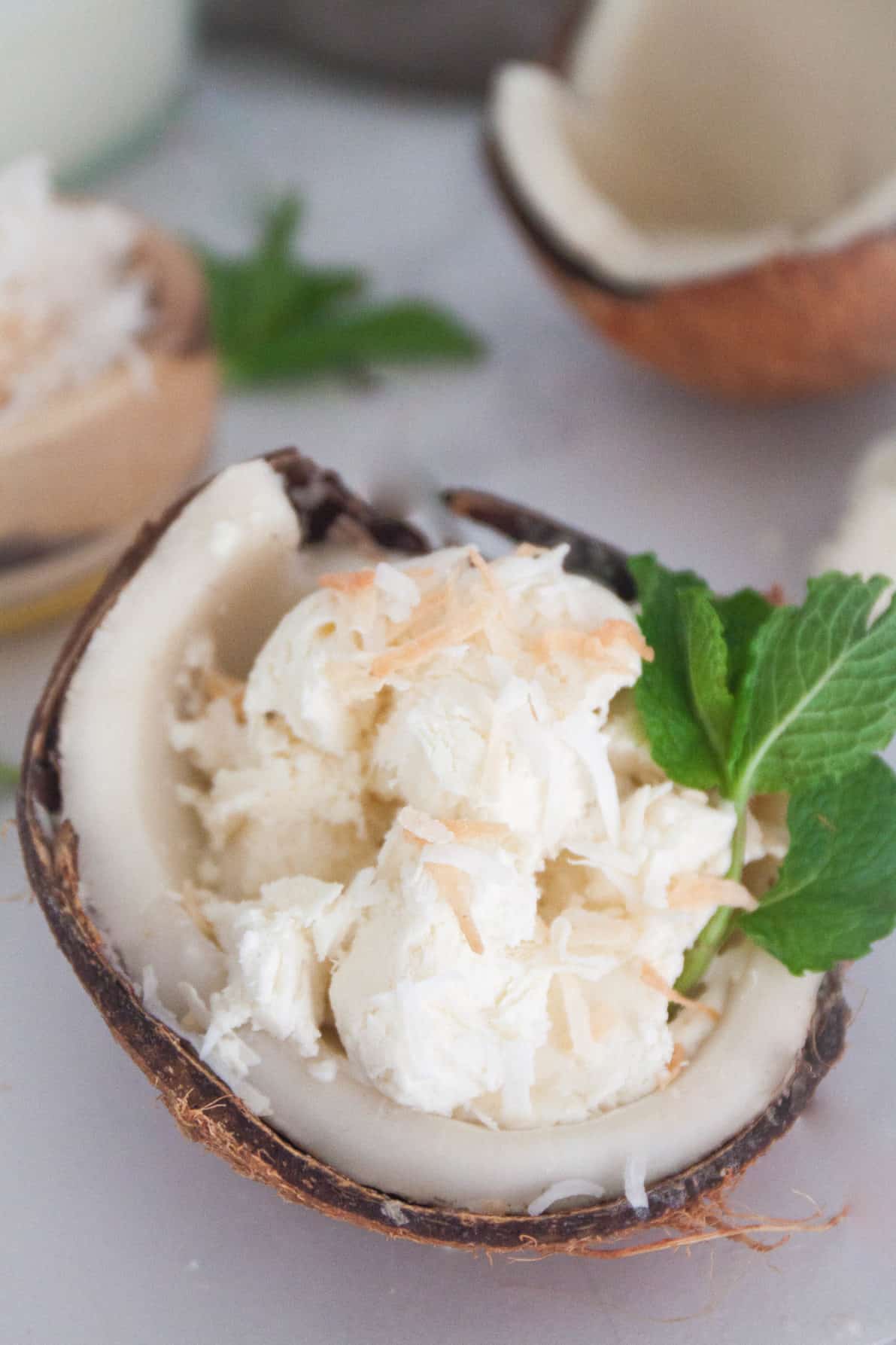 No Churn Creamy Coconut Ice Cream in a coconut shell.
