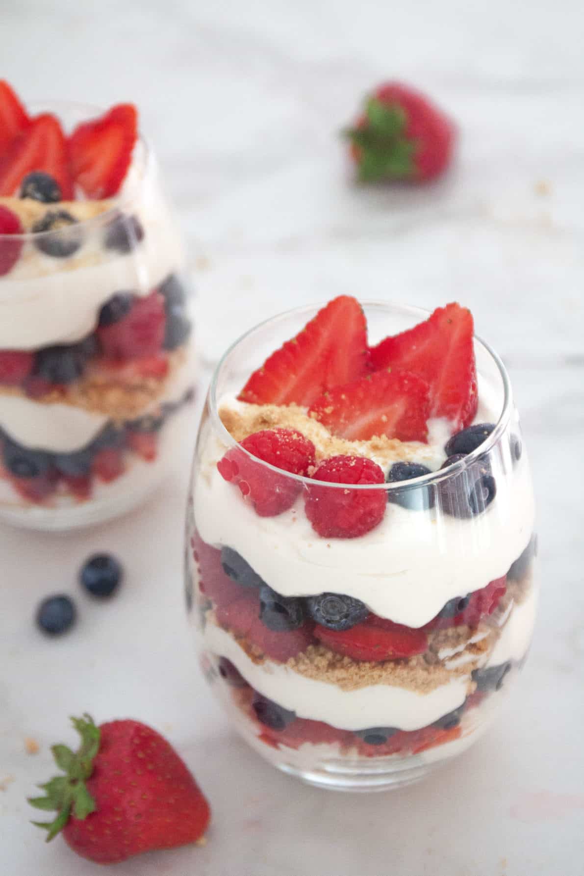Berry Cheesecake Parfaits are an easy, no-bake dessert perfect for summer. Guaranteed to be the star of the show at your 4th of July party or any festivity!