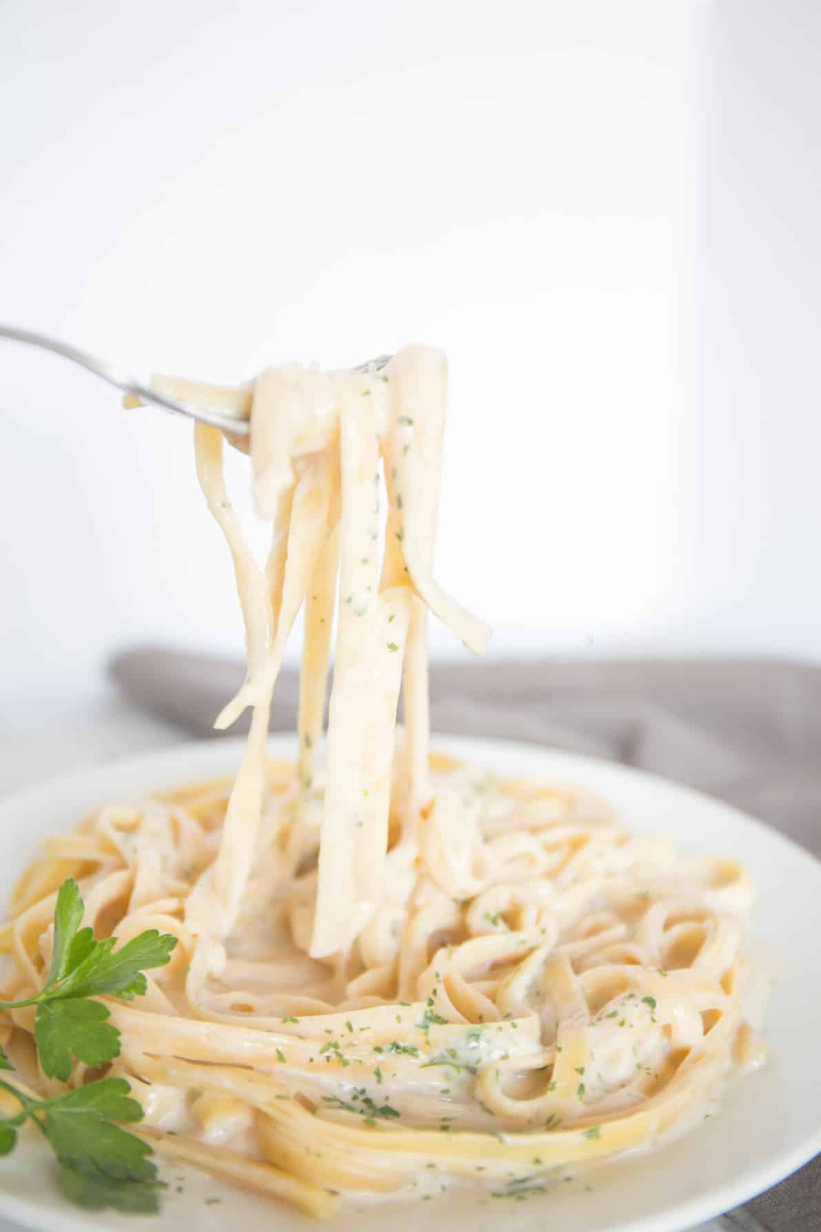 You don't need cream, parmesan or butter to make this Light Fettuccine Alfredo! It is just as good as the traditional sauce, yet has half the calories! 