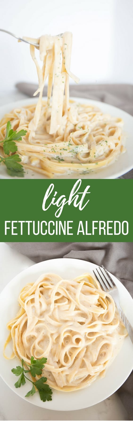 You don't need cream, parmesan or butter to make this Light Fettuccine Alfredo! It is just as good as the traditional sauce, yet has half the calories!