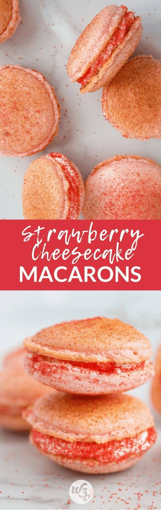 Long Pinterest pin for strawberry cheesecake macarons.