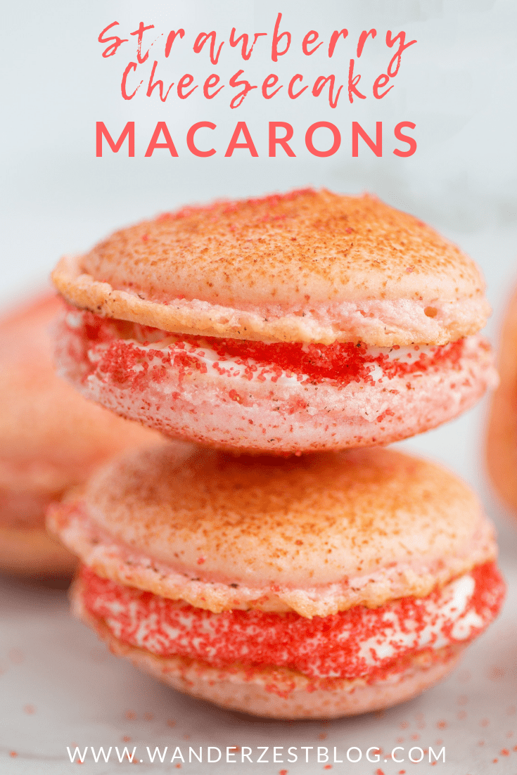 Pinterest pin for strawberry cheesecake macarons.