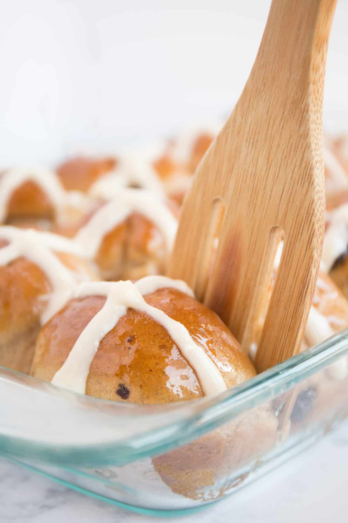 Hot Cross Buns being served out of the pan.