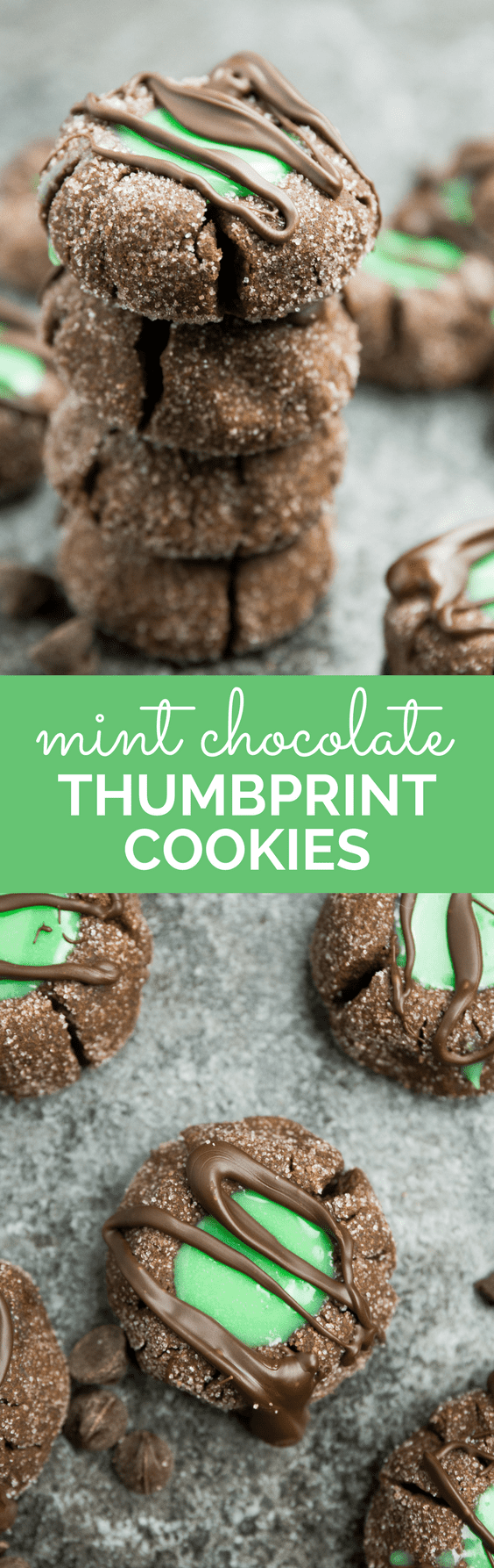 A long pin of the mint chocolate thumbprint cookies for Pinterest.