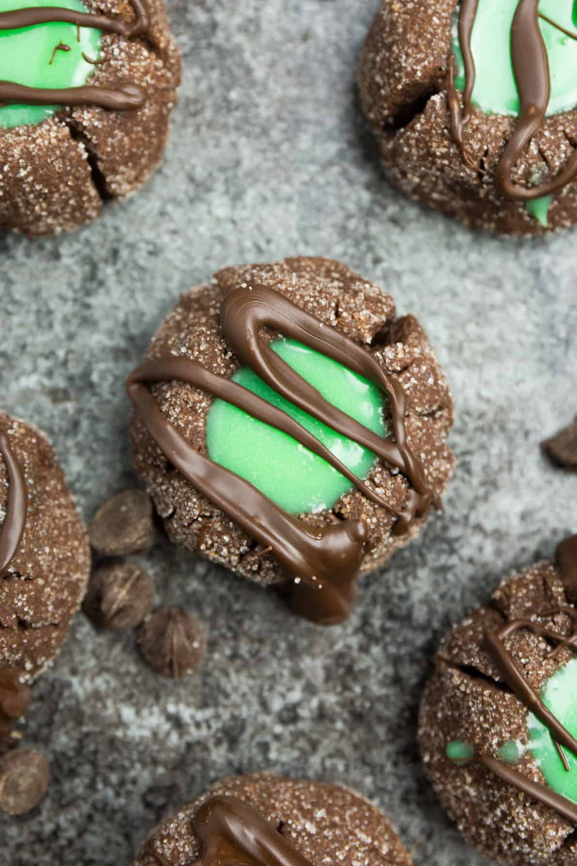Detailed shot of a mint chocolate thumbprint cookie.