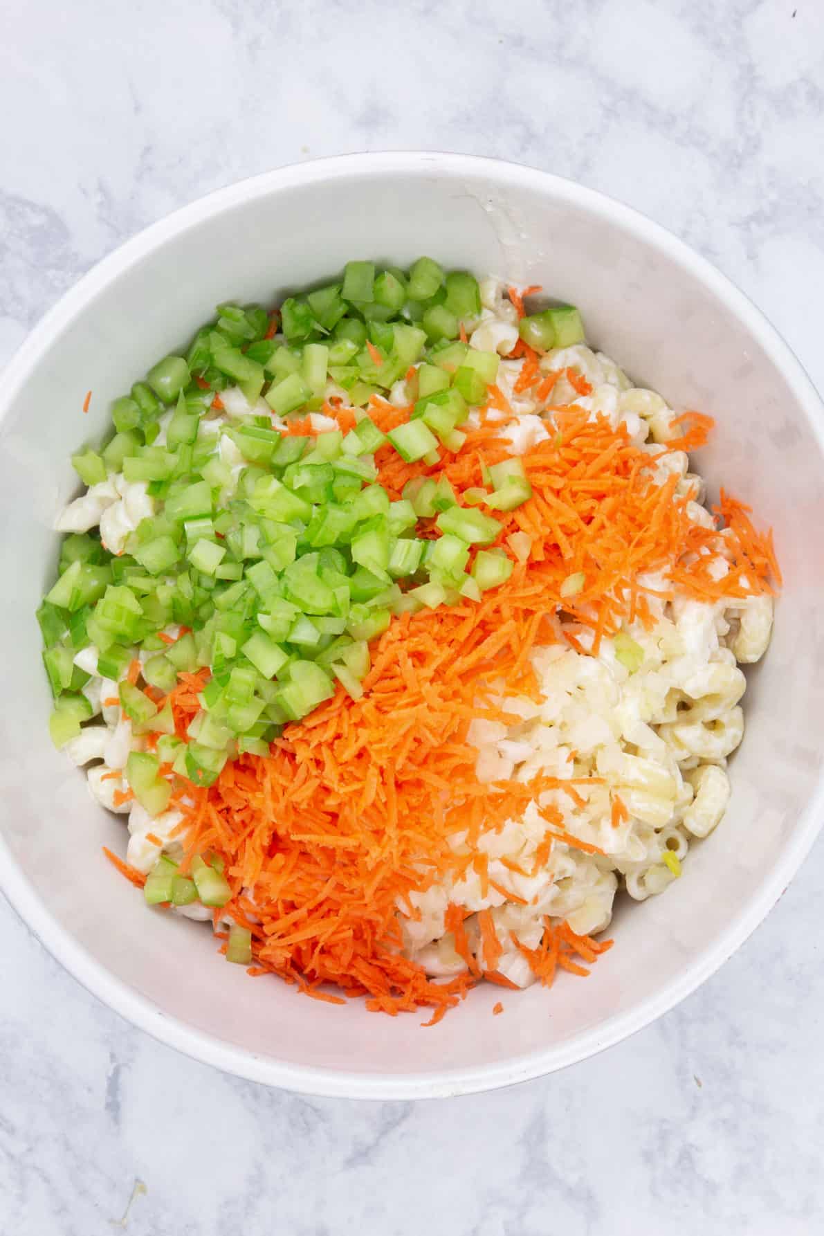 Chopped ingredients for the Hawaiian Macaroni Salad.