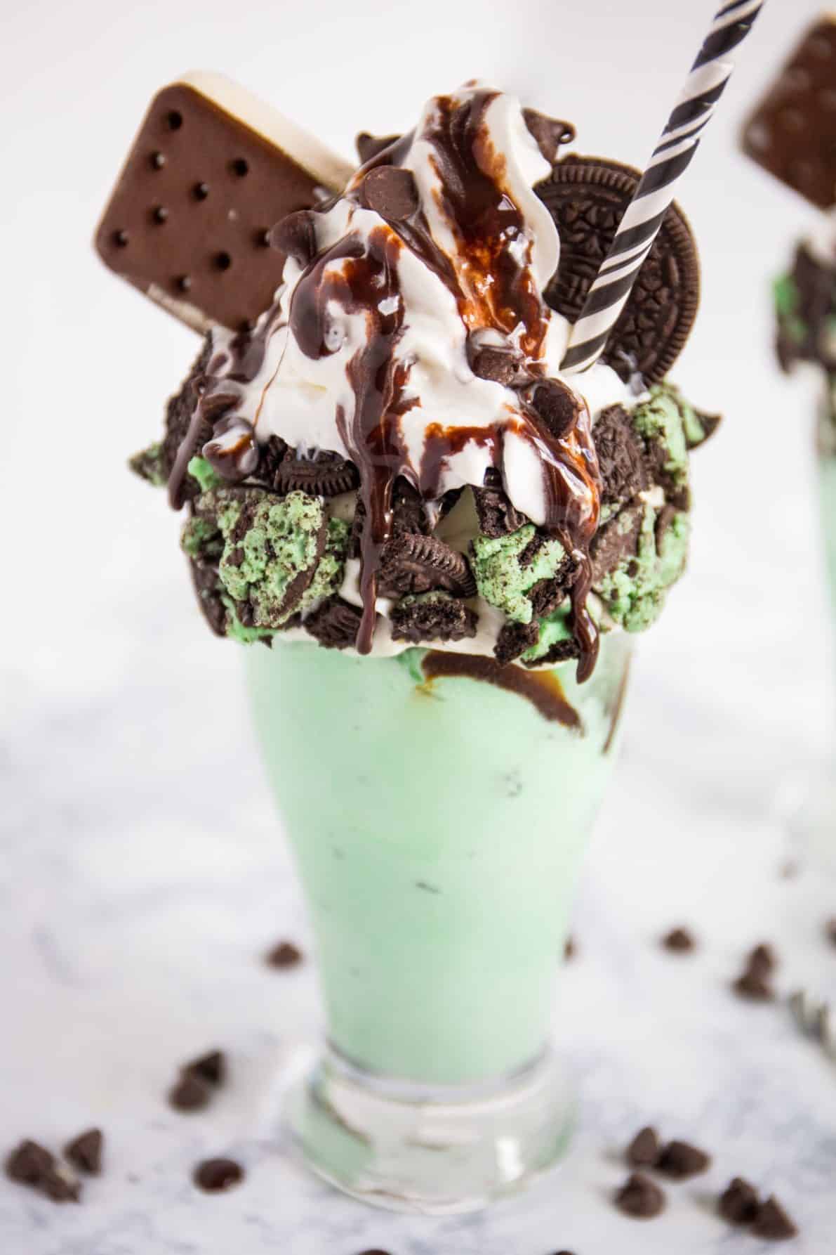 Crazy mint chocolate shake in a glass.