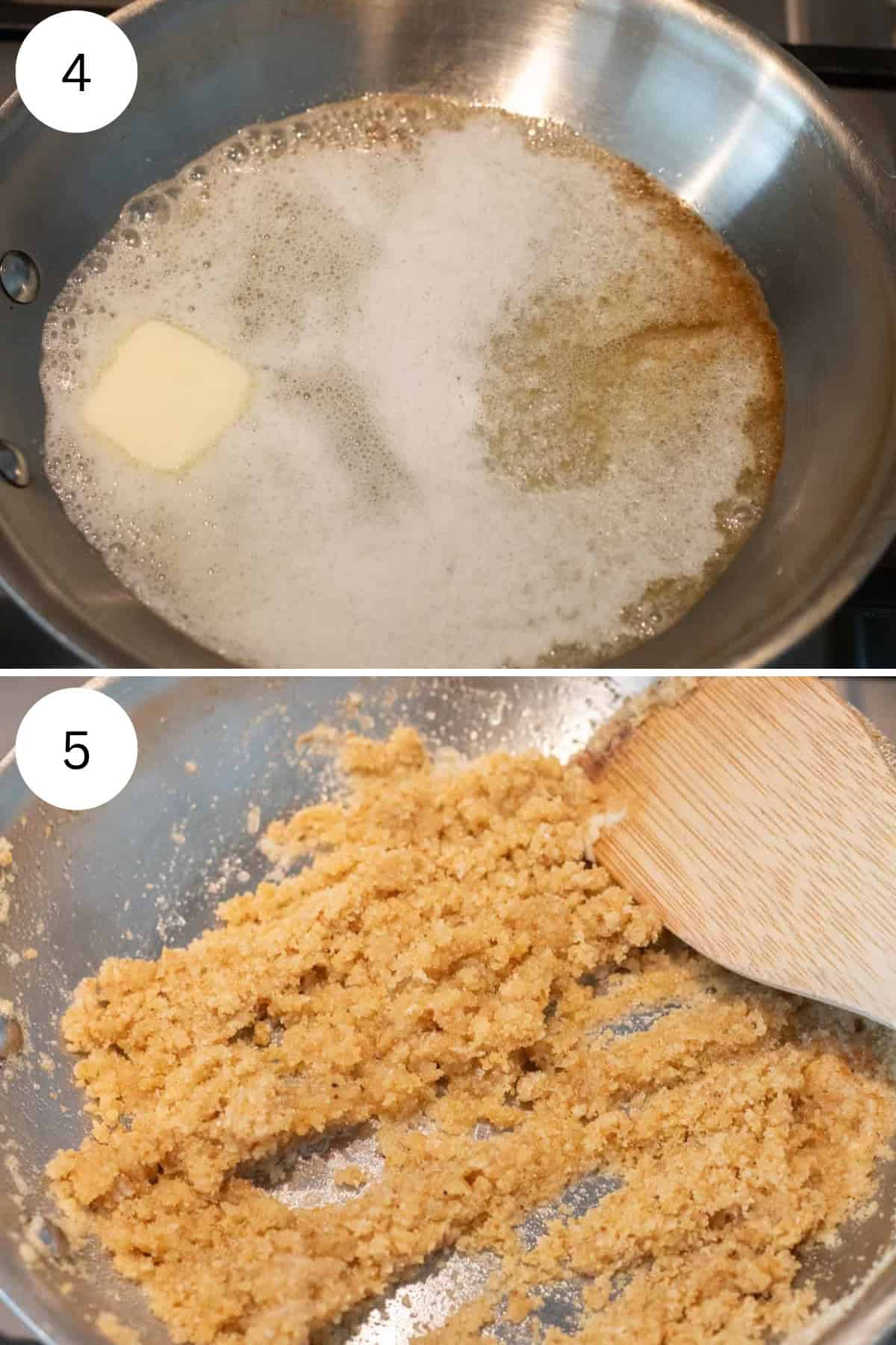 A 2 step collage showing the steps for toasting breadcrumbs.