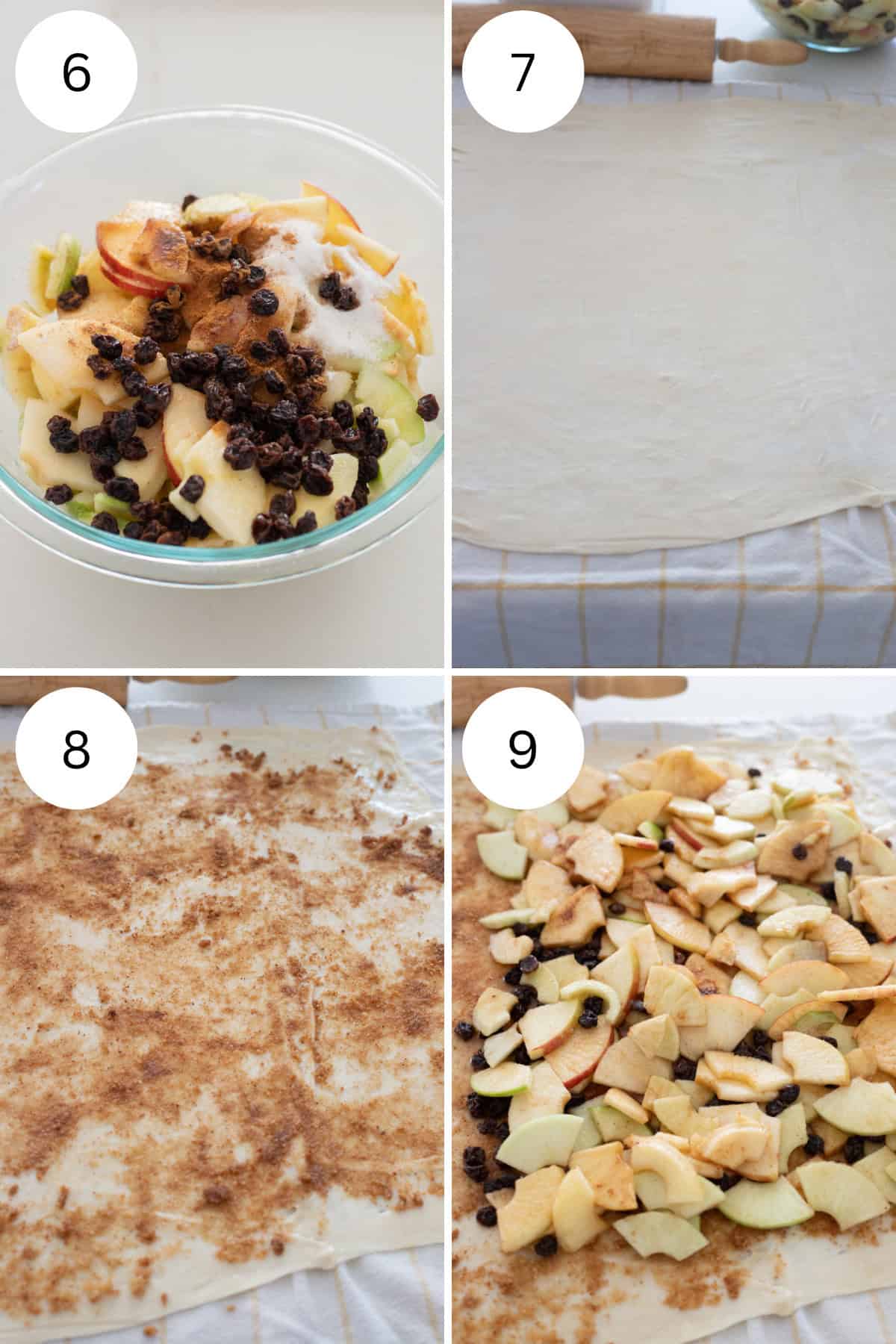 A 4 step collage showing the steps for layering the strudel filling.