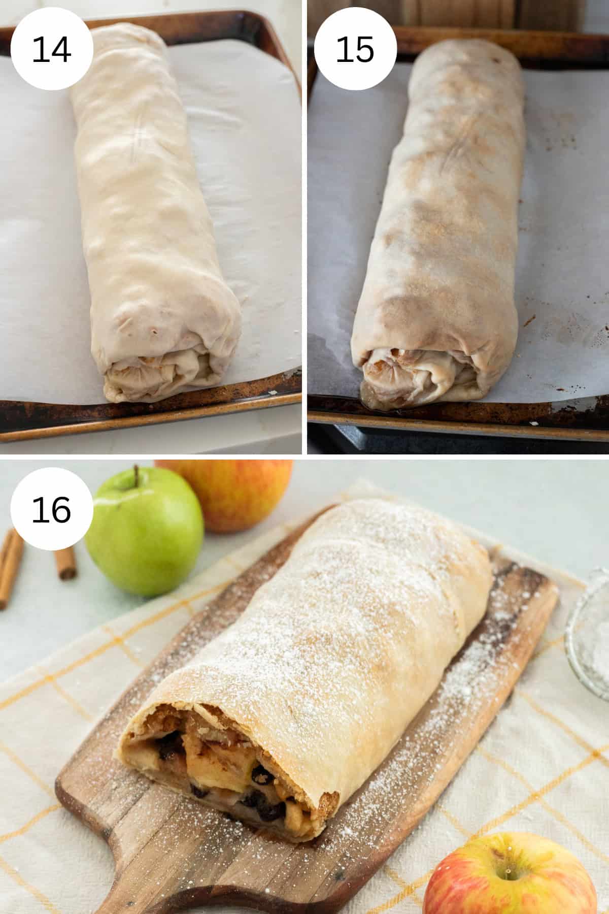 A 3 image collage showing the steps for baking the apple strudel.