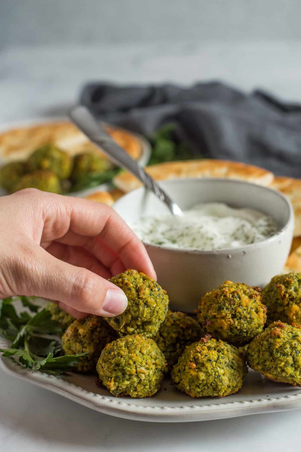 Hand holding a piece of falafel.
