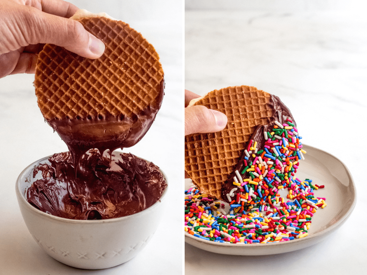 Dipping Stroopwafel Ice Cream Sandwiches into chocolate and sprinkles.