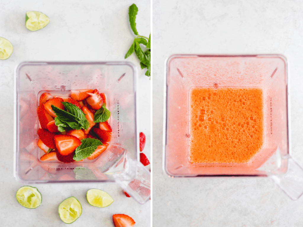 Process photos of strawberry agua fresca in blender.