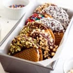 A loaf pan filled with stroopwafel ice cream sandwiches.