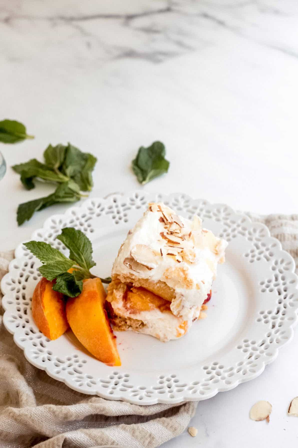 Easy Peach Tiramisu on a pretty white plate.