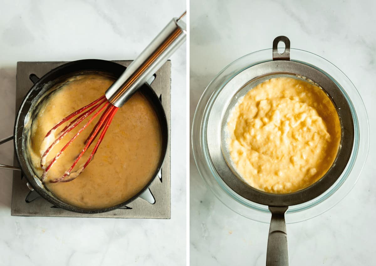 Process photos of custard mochi.