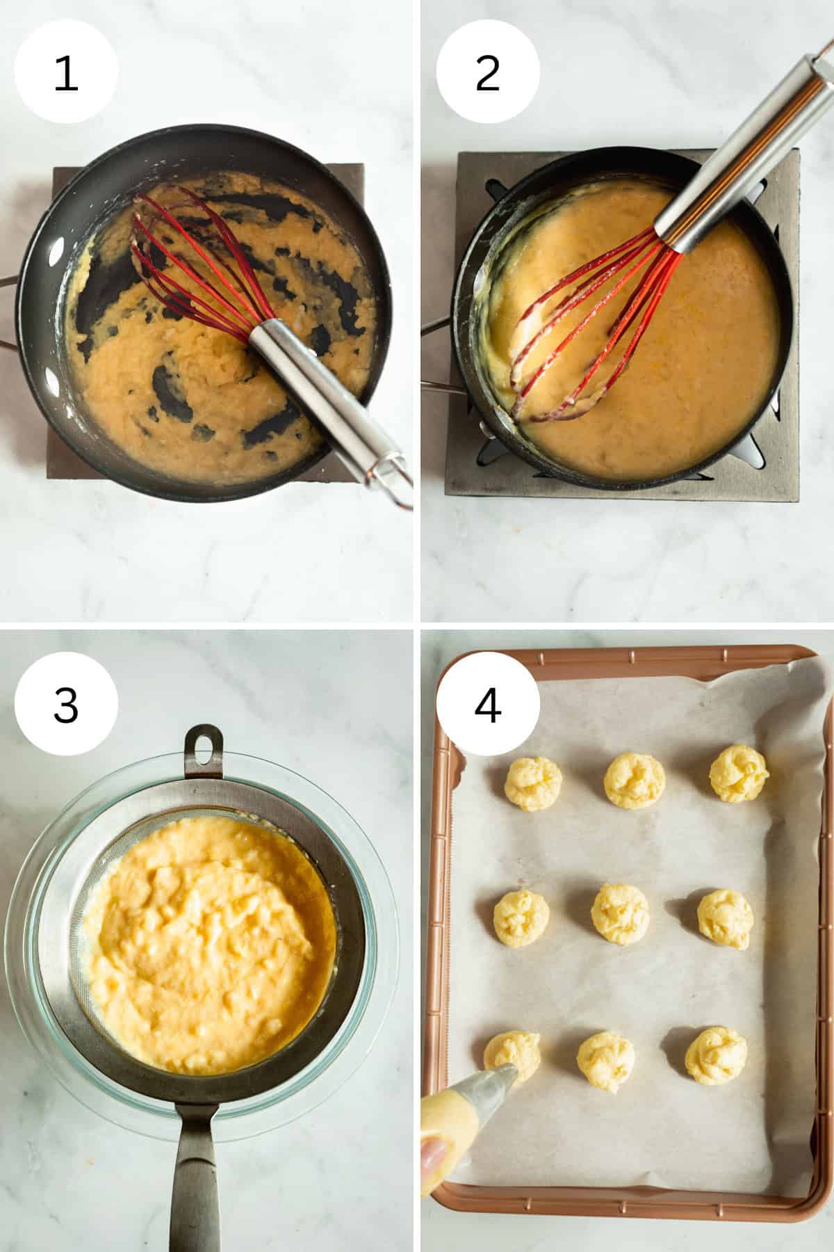 4 image collage that shows how to make the custard.