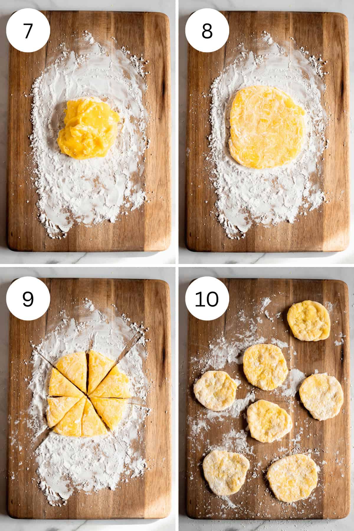 4 image collage that shows the steps for cutting the mochi.