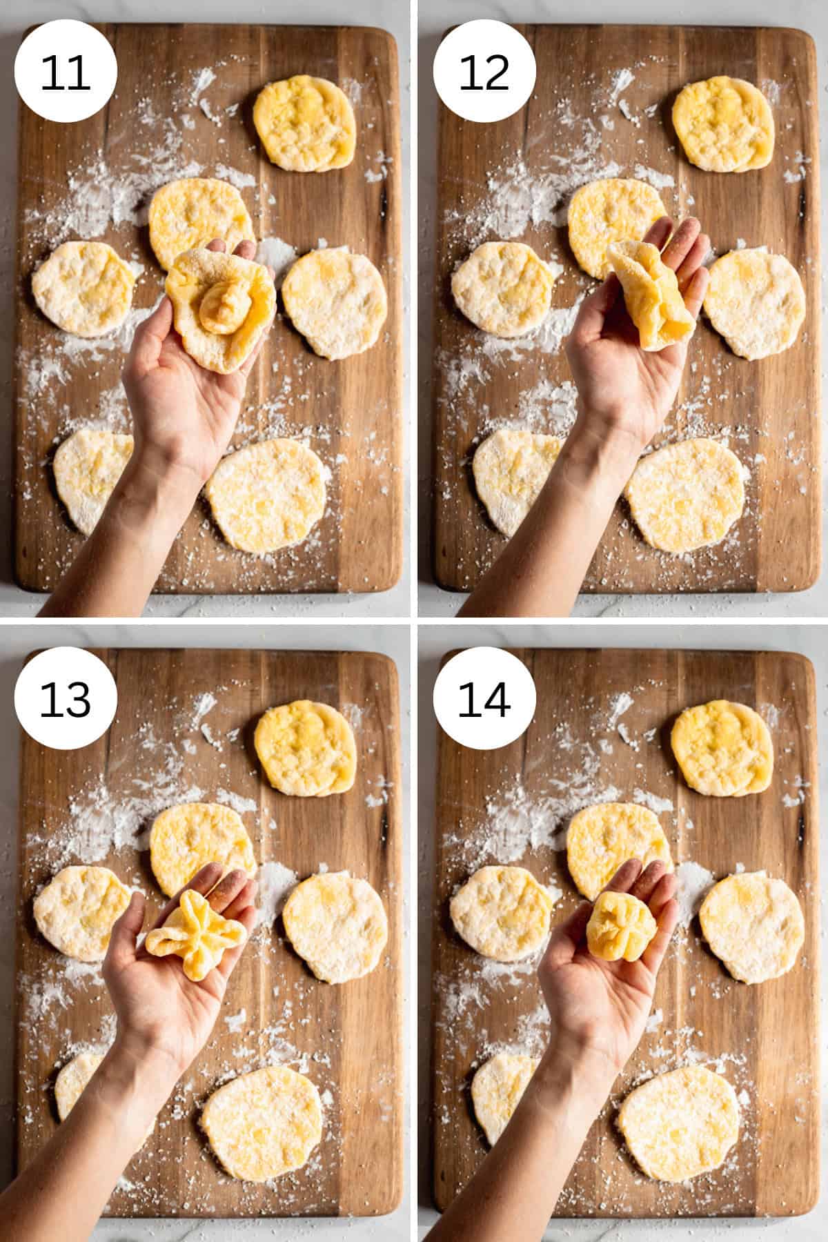 4 image collage that shows how to wrap the custard in mochi.