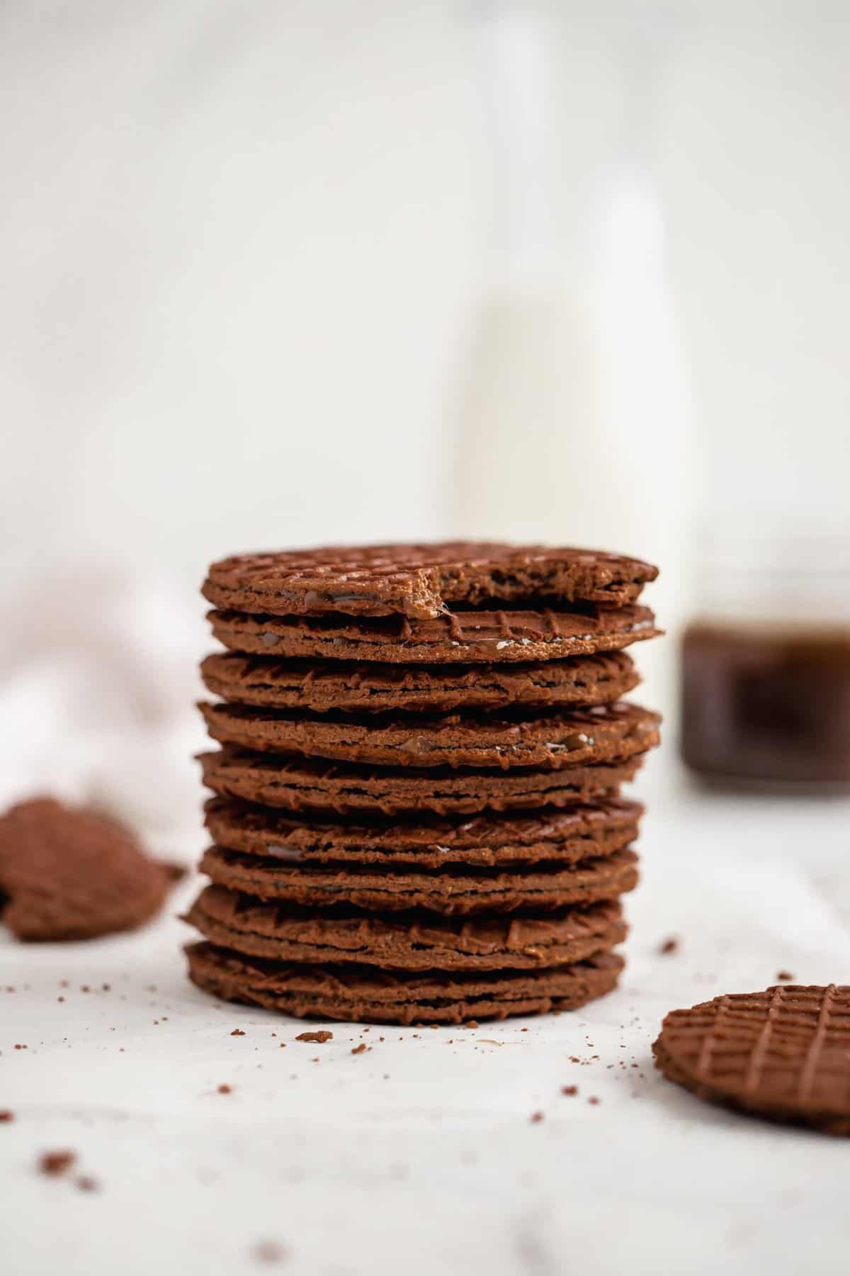 A stack of chocolate stroopwafels.