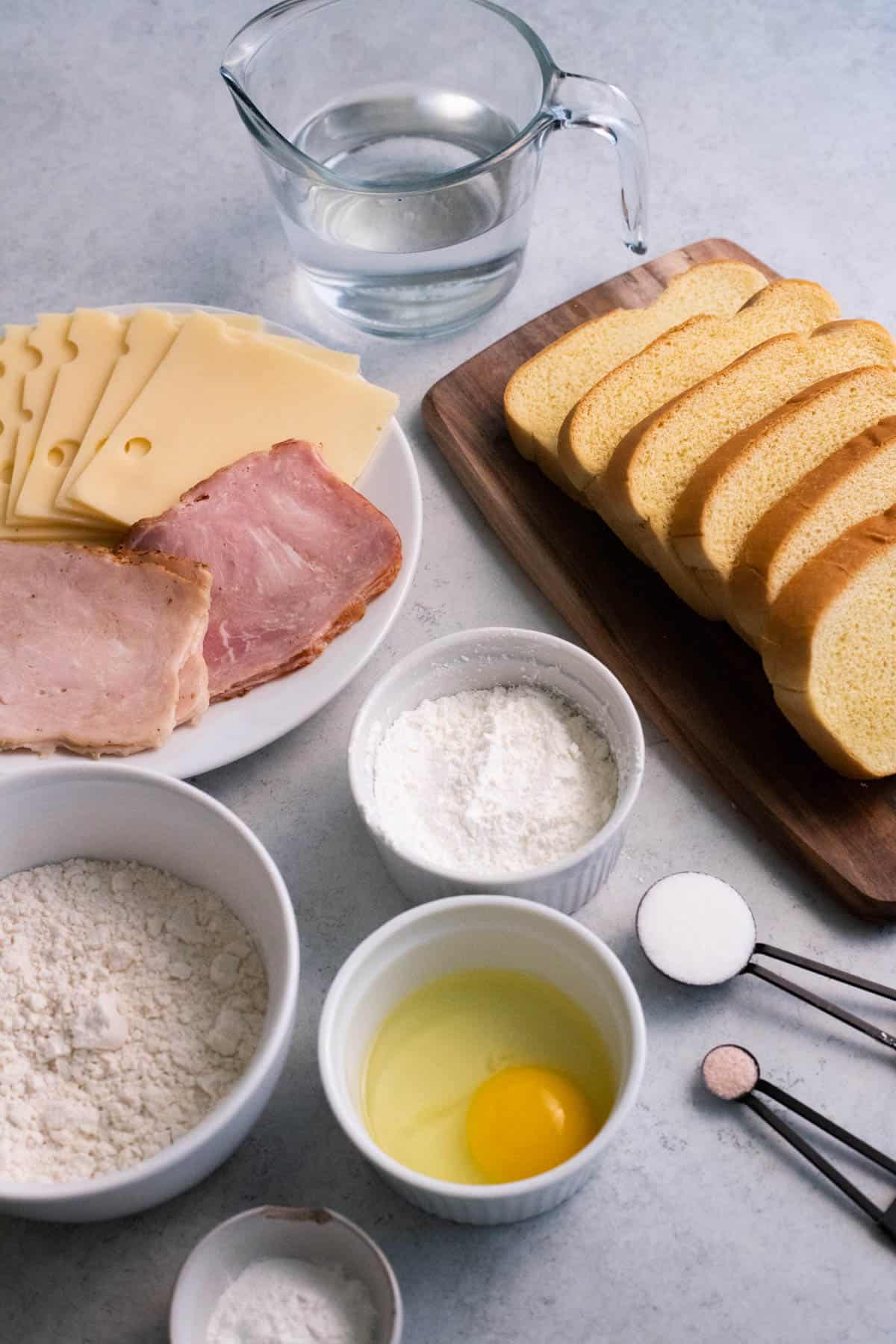 Ingredients laid out for monte cristo sandwich.
