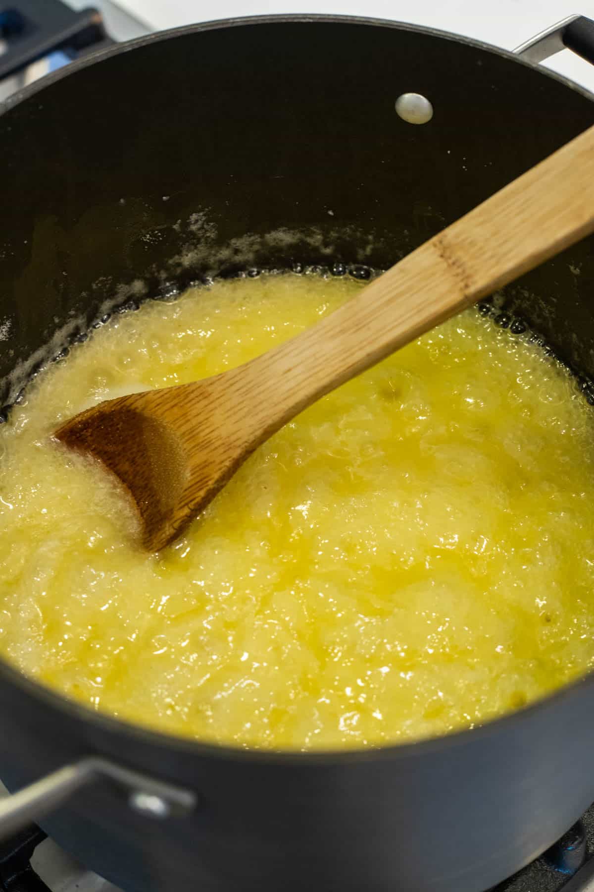 Melted butter and sugar in a sauce pan.