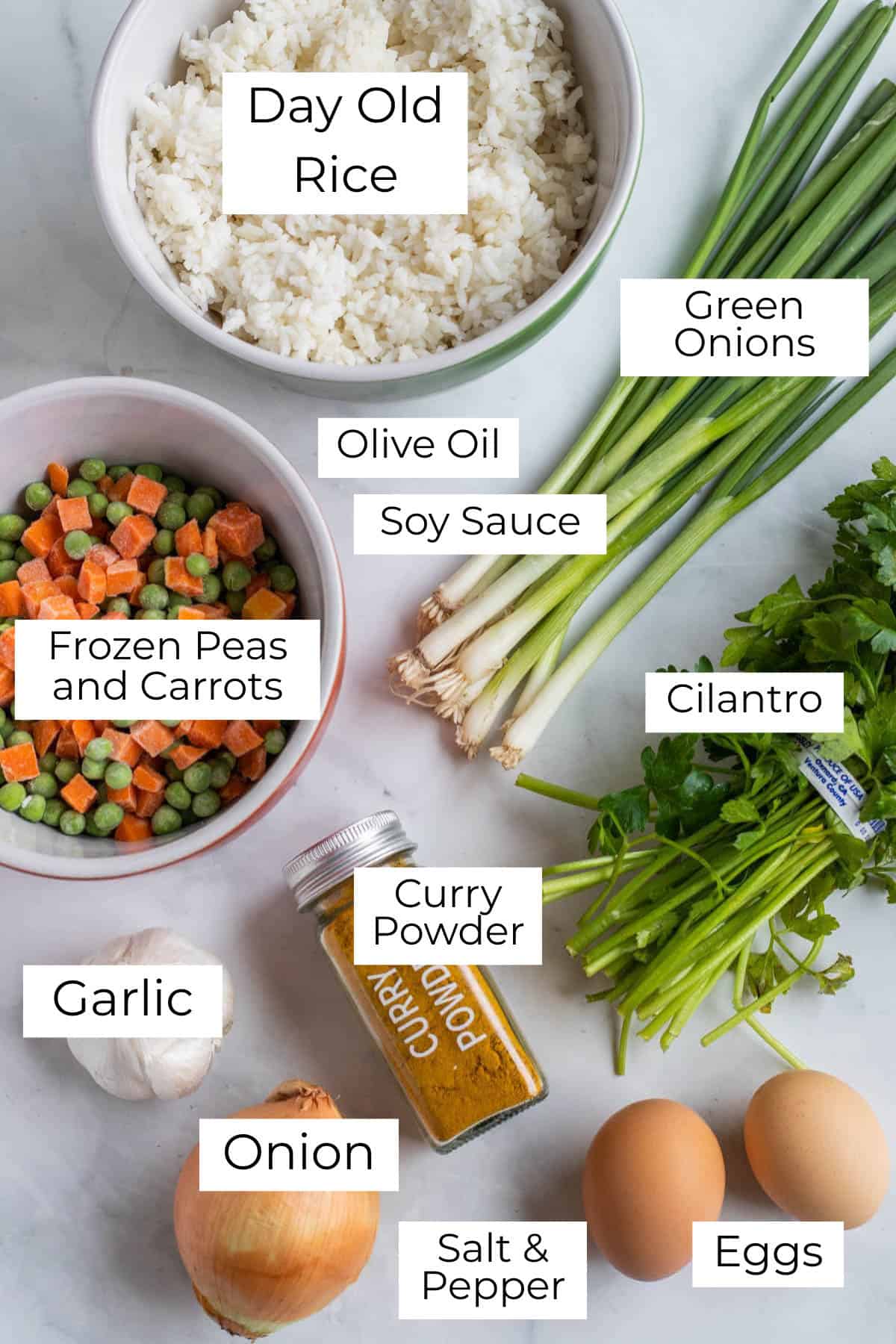 Labeled ingredients laid out on a white surface for curry fried rice.