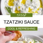 Pinterest pin with two images of tzatziki sauce and a text overlay.