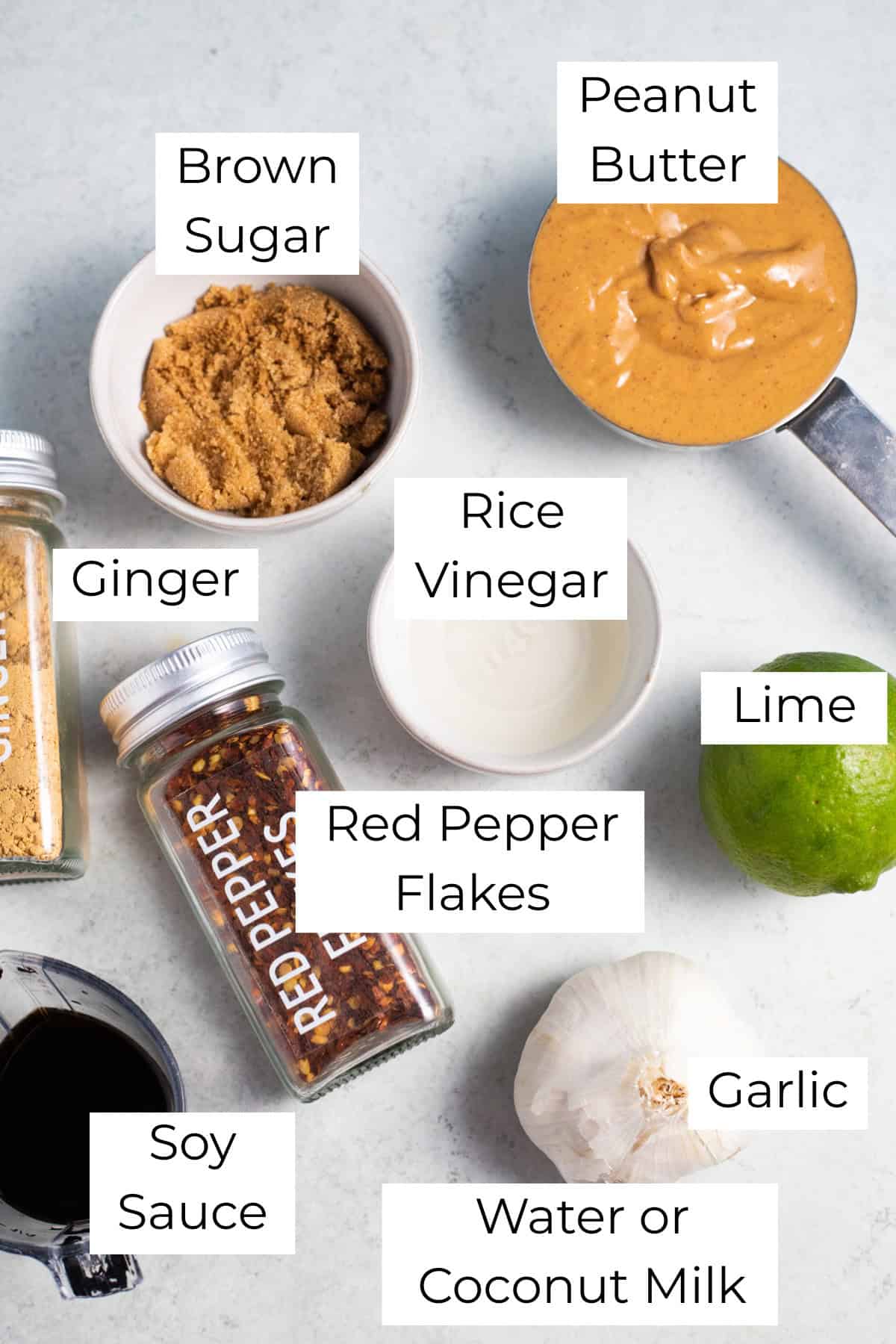 Labeled ingredients for thai peanut sauce recipe.