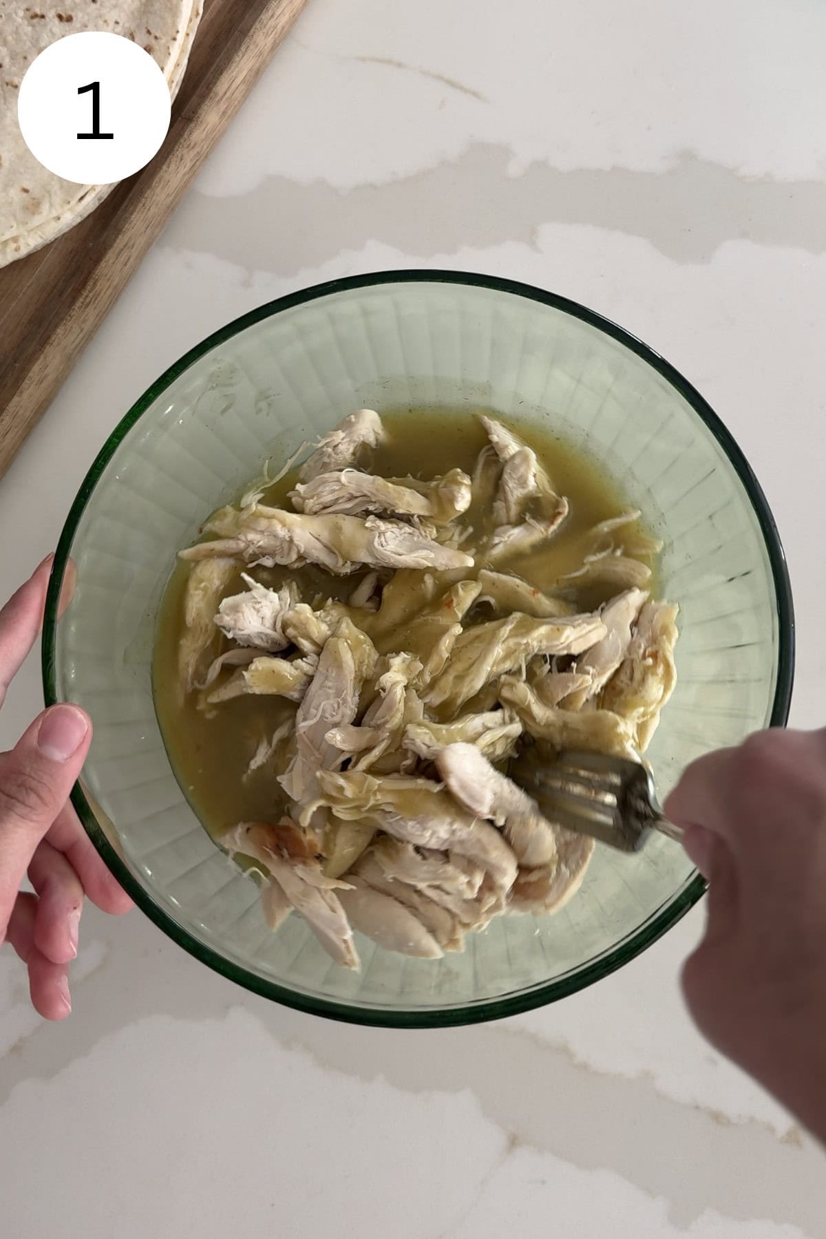 Bowl with shredded chicken and enchilada sauce.