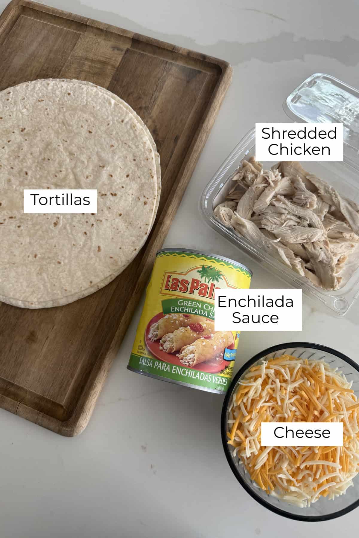 Labeled ingredients photo for chicken enchiladas.