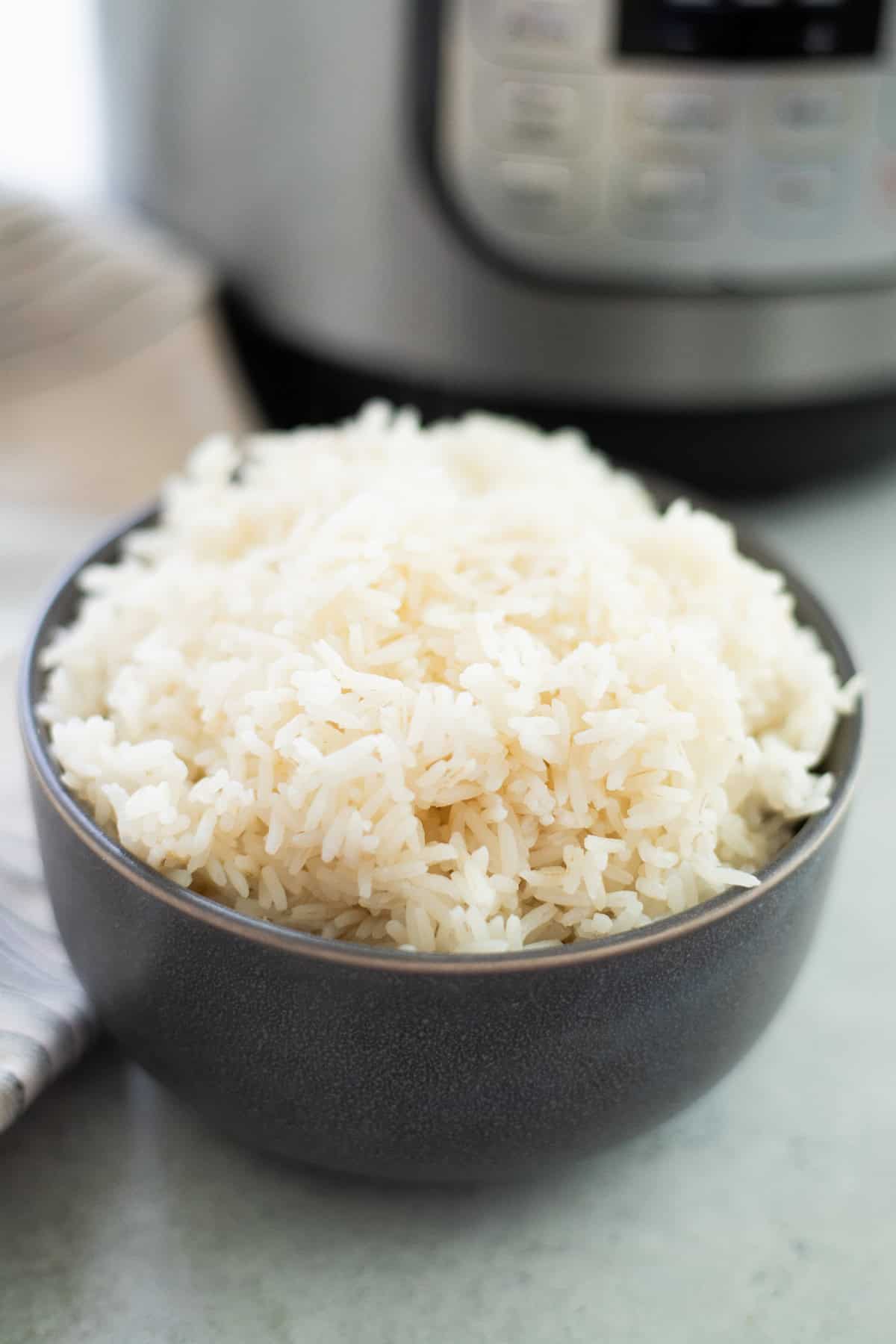 Rice in a gray bowl.