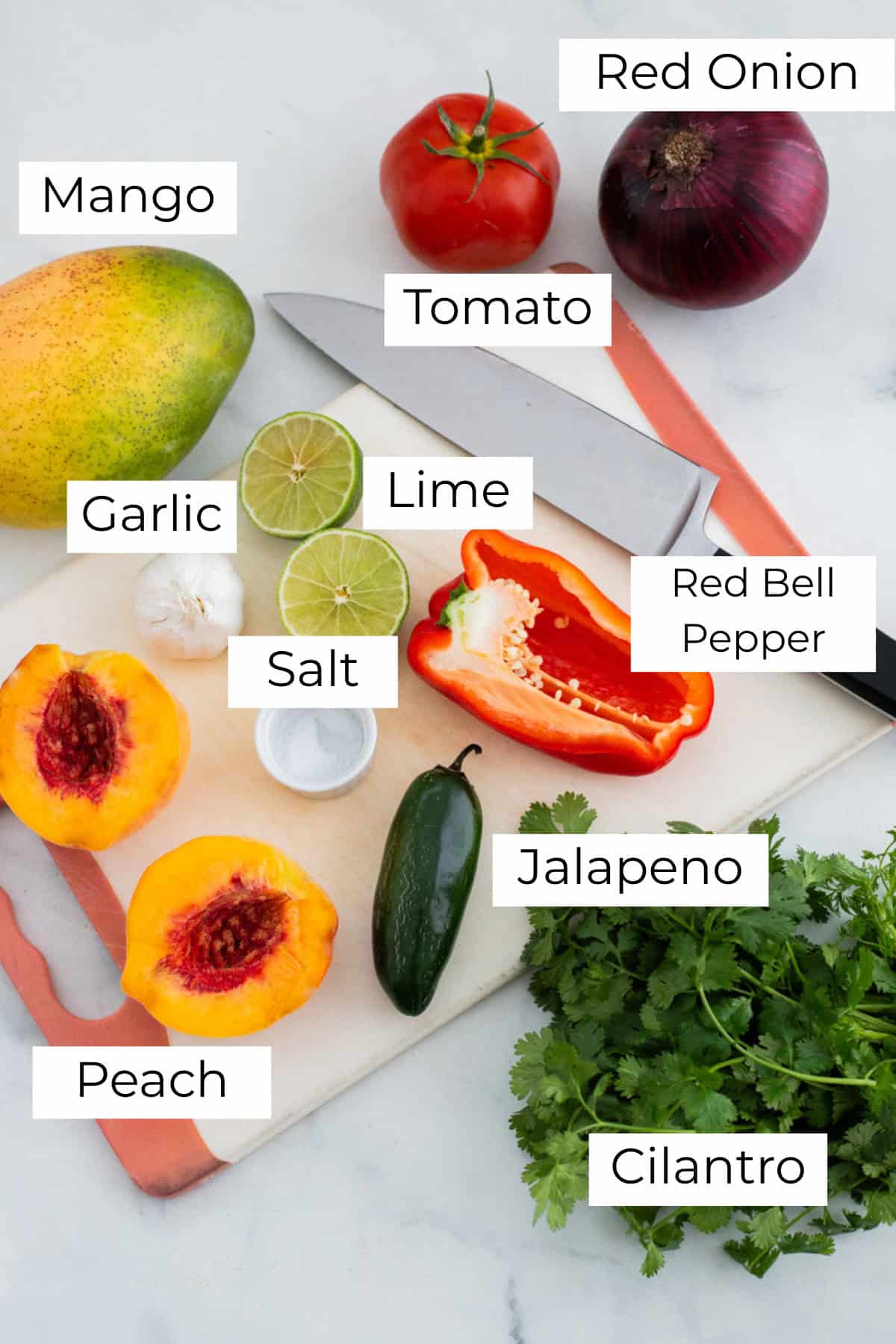 Ingredients for peach mango salsa.