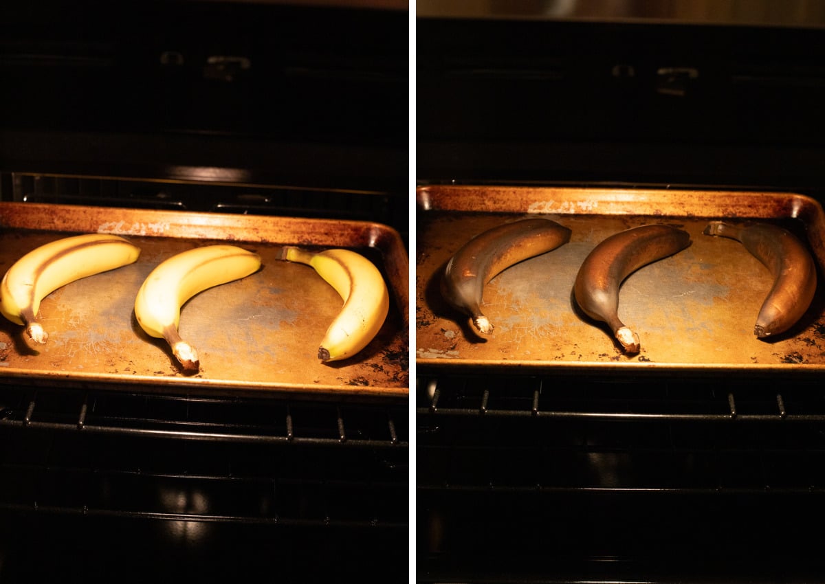 Bananas on a baking sheet.