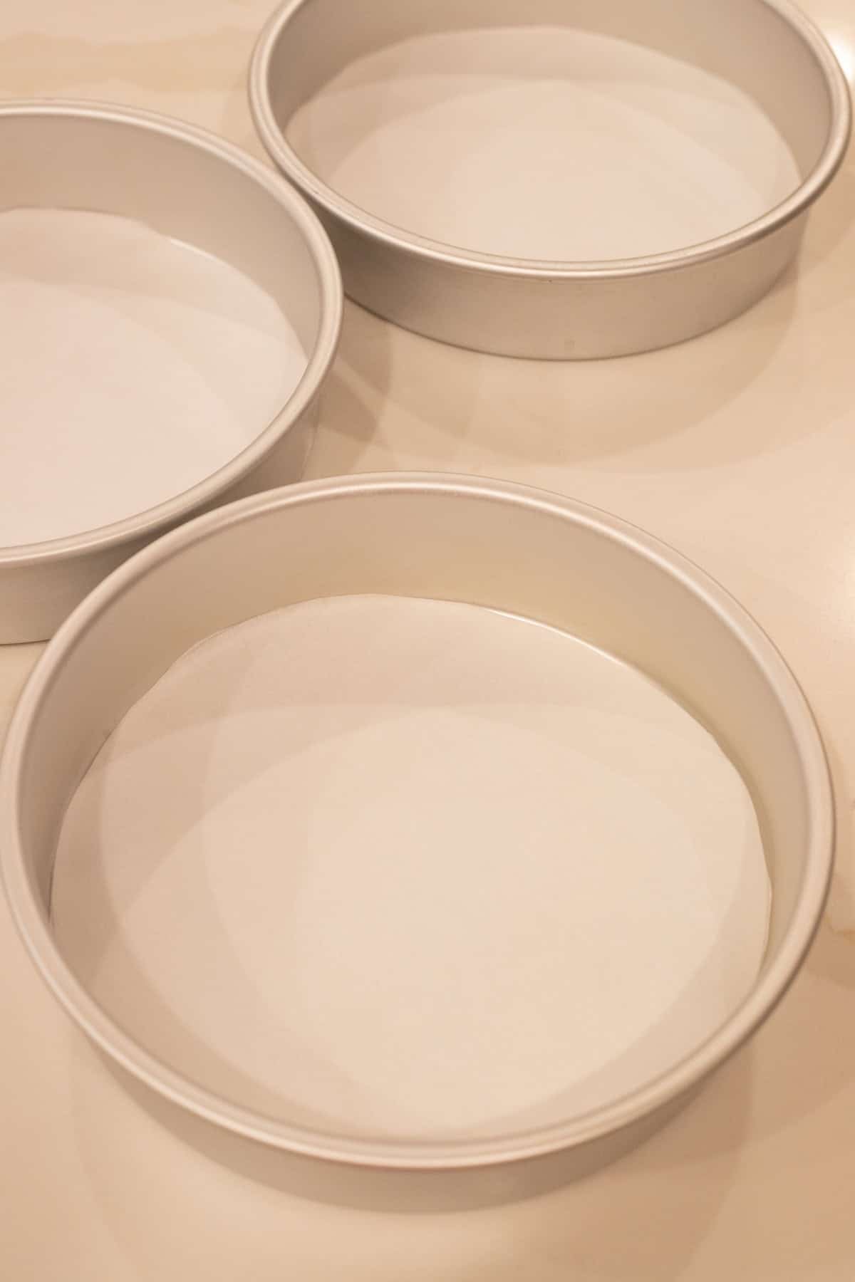 Round cake pans lined with parchment paper.