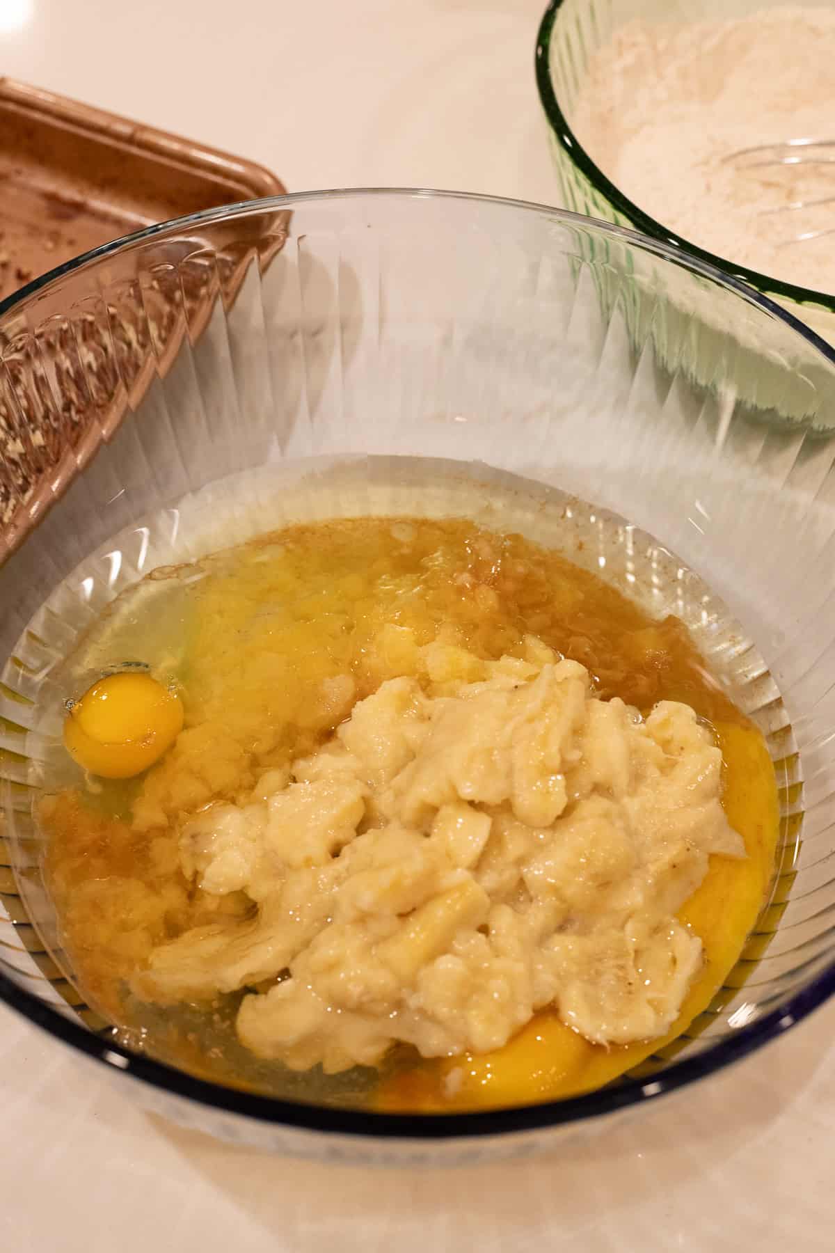 Wet ingredients in a mixing bowl.