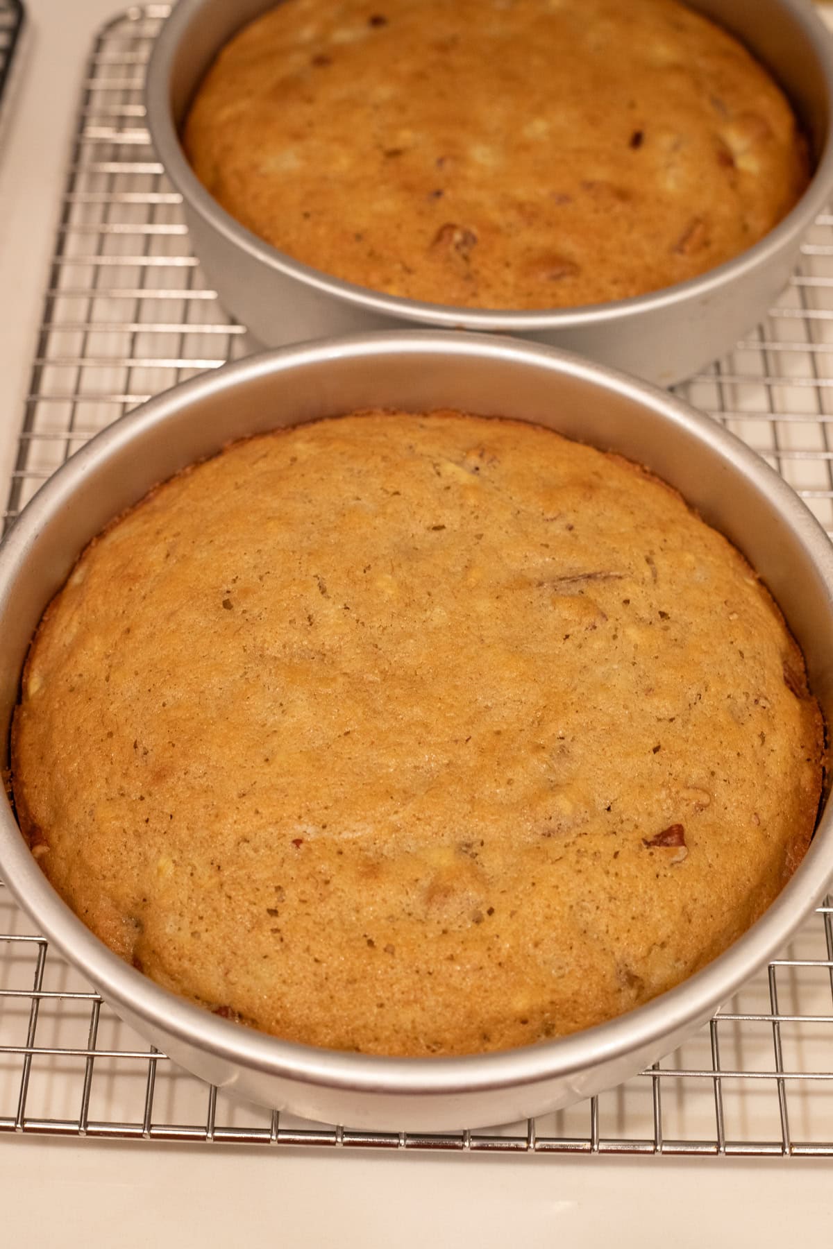 Hummingbird cake baked in cake pans.
