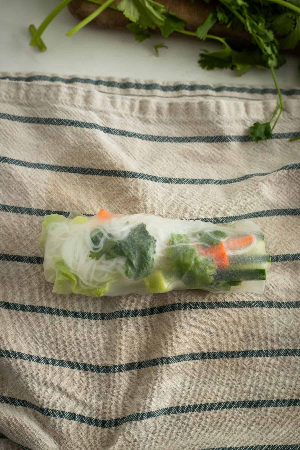 Rice paper rolled over veggies into a burrito shape.